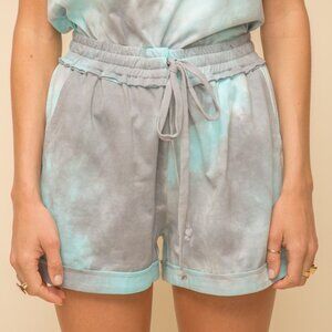 HEM & THREAD Aqua & Grey Tie-Dye Drawstring Shorts | Elastic Waist + Pockets